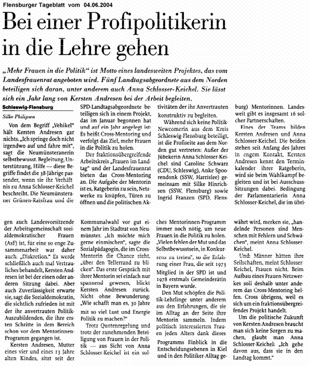 Bei einer Profipolitikerin in die Lehre gehen, Flensburger Tageblatt, 4.6.2004